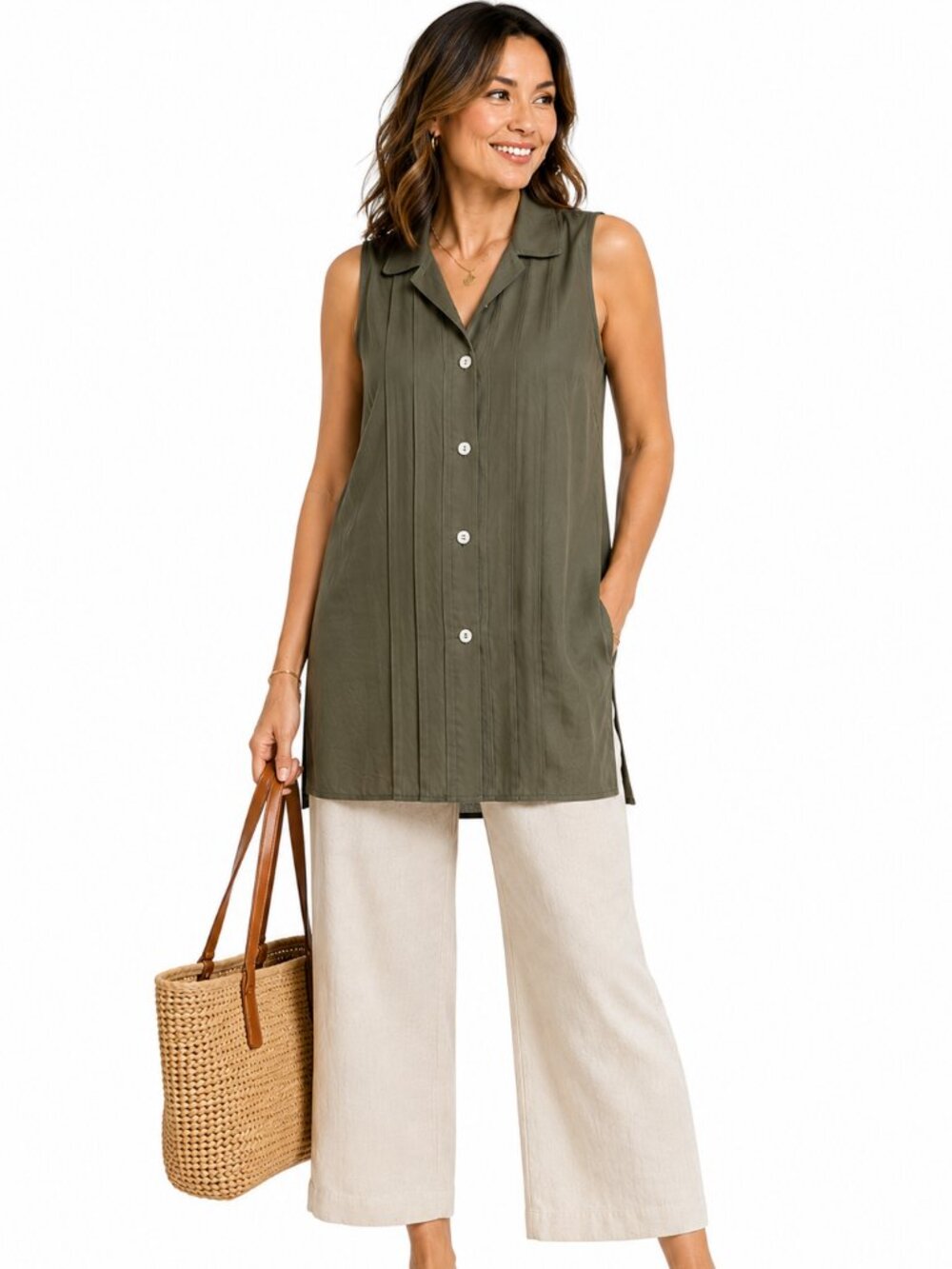 Cristina 100% Silk Olive Green Sleeveless Tunic Blouse Pleated Button Front Smal